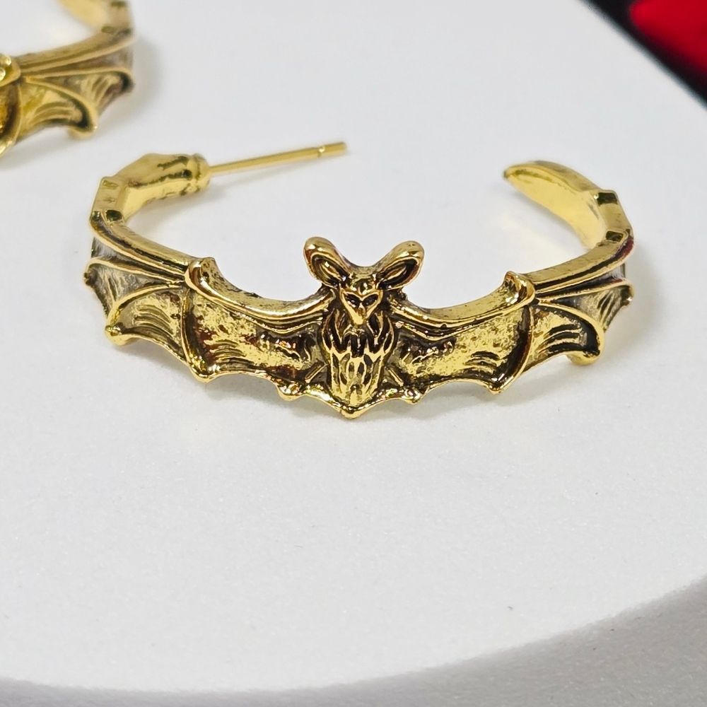 Antiqued Gold Bat Hoop Earrings | Gothic Vintage Stud Hoops Dark Romantic Glam
